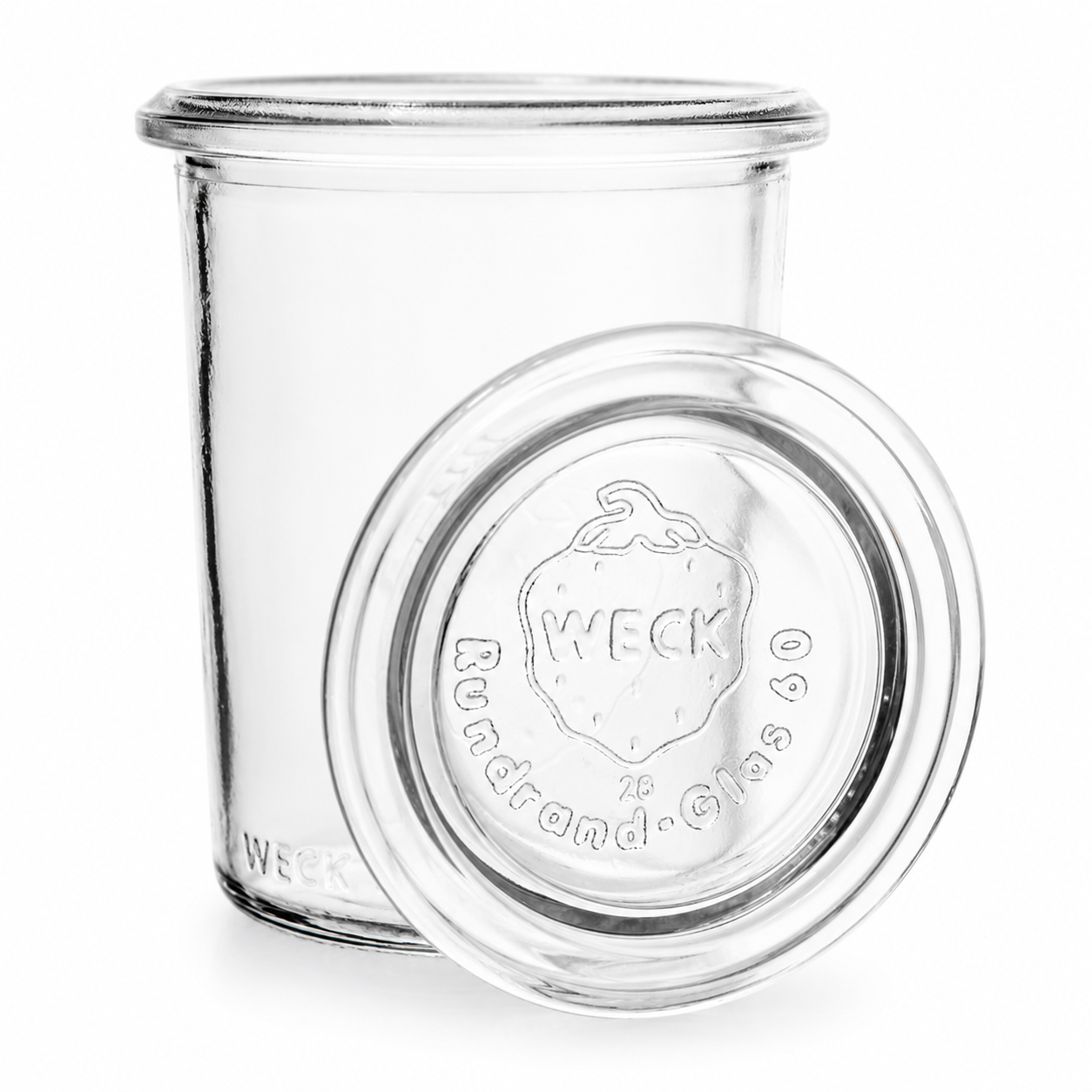 WECK-Mini-Sturzglas 160 ml RR60 aus Klarglas mit passendem Glasdeckel, Rundrandmündung und sichtbarer WECK-Prägung auf weißem Hintergrund.