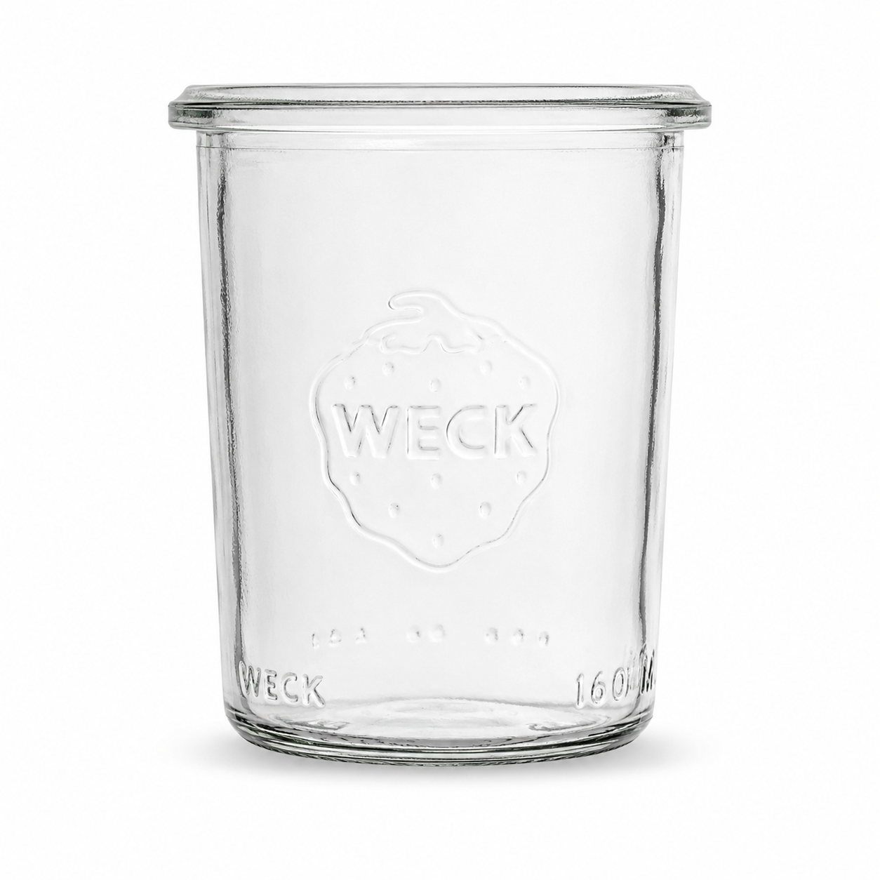 WECK-Mini-Sturzglas 160 ml RR60 ohne Glasdeckel, aus Klarglas mit kompakter Sturzglasform, Rundrandmündung und deutlich geprägtem WECK-Logo.