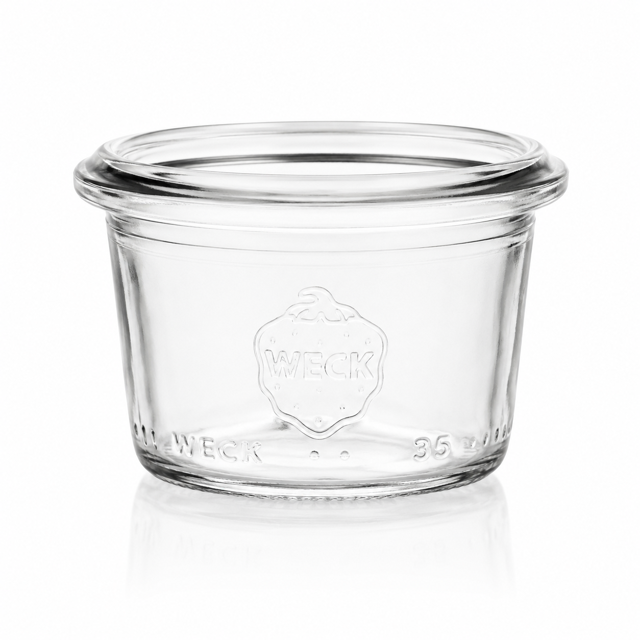 WECK-Mini-Sturzglas 35 ml RR40 aus klarem Glas mit gerader Sturzform, breiter Rundrandöffnung und WECK-Prägung.