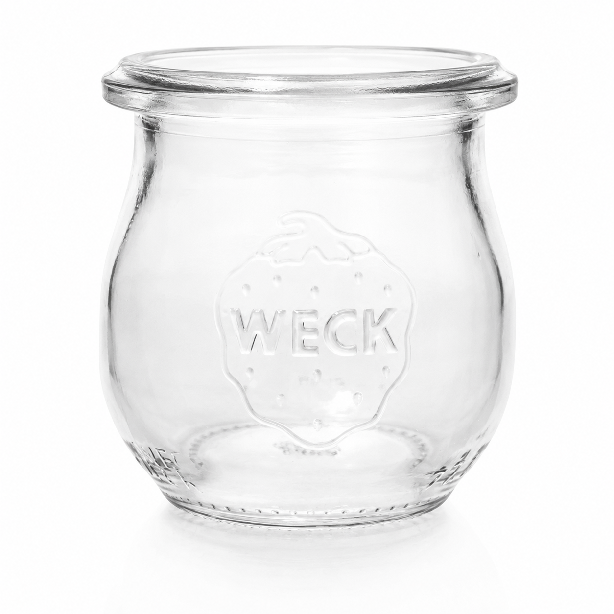 WECK-Mini-Tulpenglas 75 ml RR40 aus Klarglas mit bauchiger Form, Rundrandmündung und geprägtem WECK-Logo vor weißem Hintergrund.