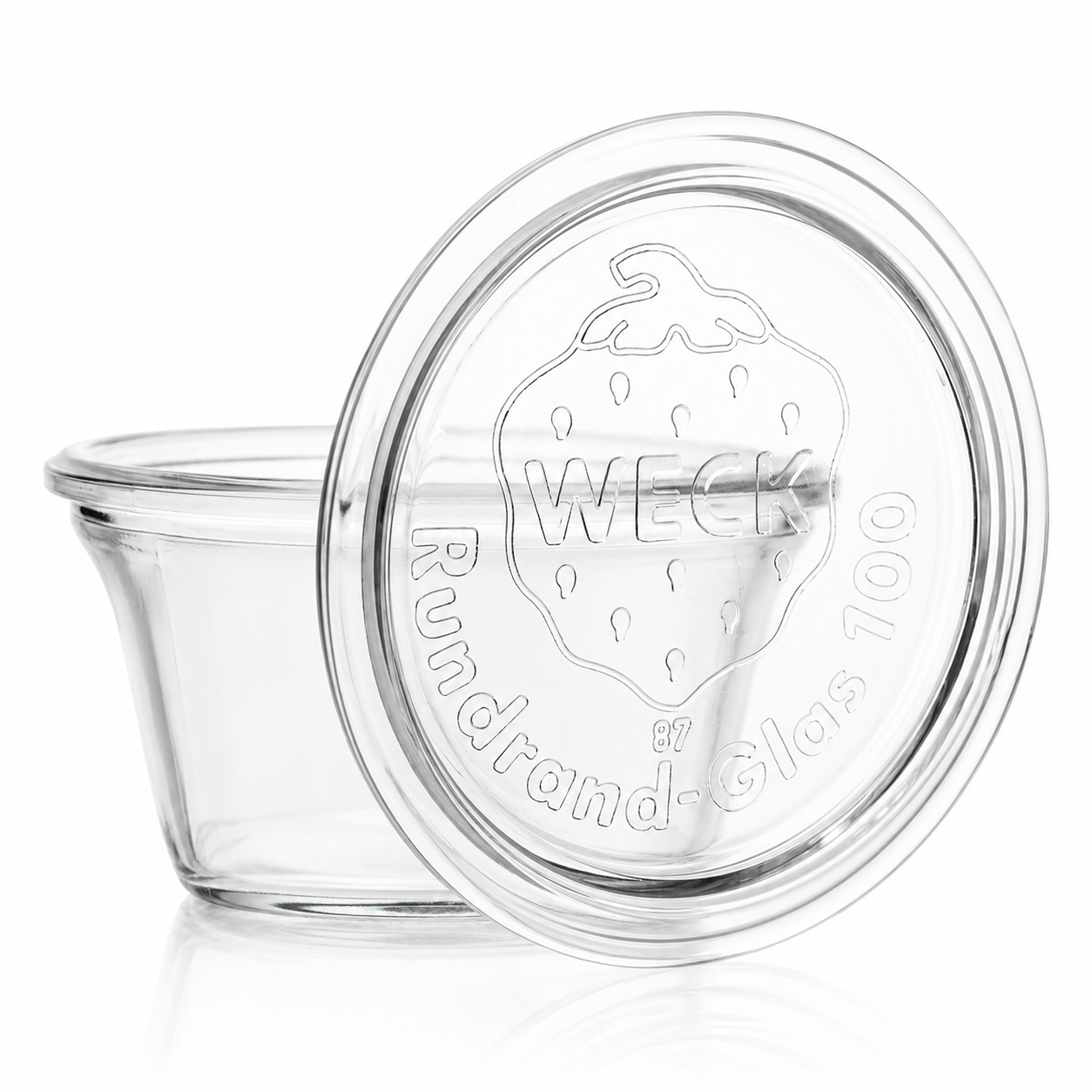 WECK-Quadro-Glas 290 ml RR100 aus Klarglas mit passendem Glasdeckel, quadratischer Form, Rundrandmündung und sichtbarer WECK-Prägung auf weißem Hintergrund.