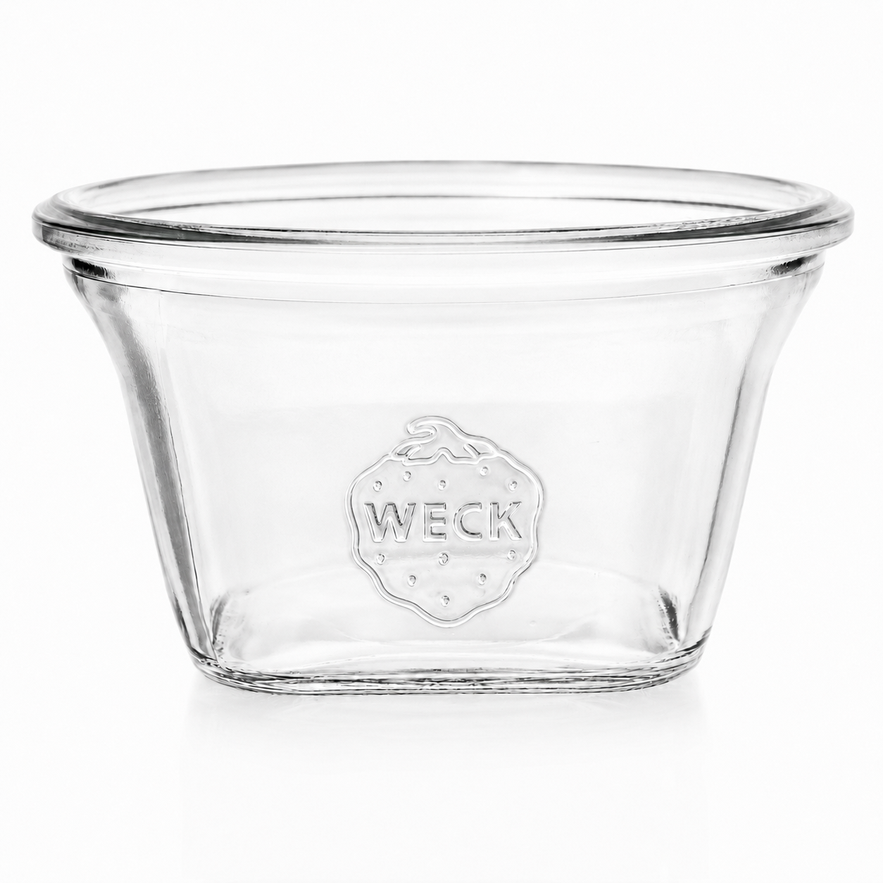 WECK-Quadro-Glas 290 ml RR100 aus Klarglas in freigestellter Produktansicht, mit breiter quadratischer Form, Rundrandmündung und deutlich geprägtem WECK-Logo.