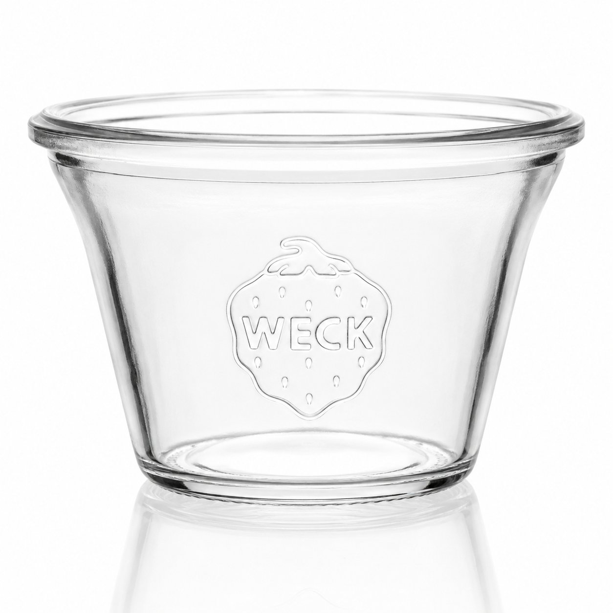 WECK-Quadro-Glas 290 ml RR100 ohne Glasdeckel, aus Klarglas mit quadratischer Form, Rundrandmündung und deutlich geprägtem WECK-Logo.