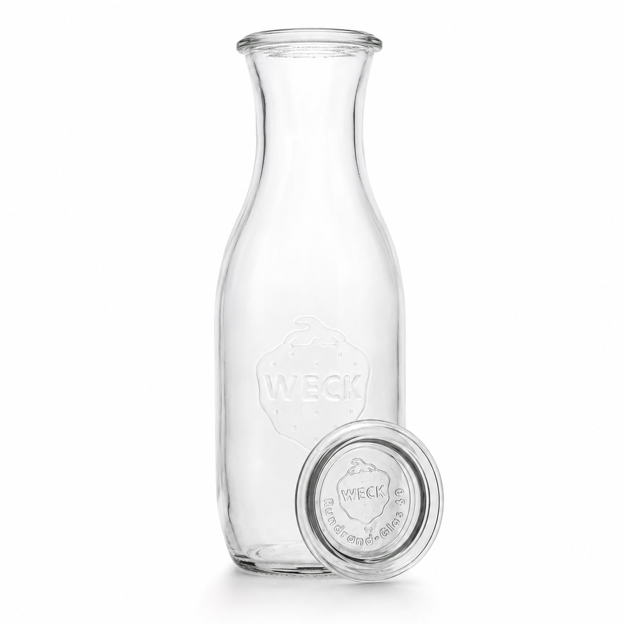 WECK-Saftflasche 1,0 l RR60 aus Klarglas mit schlanker Flaschenform, Rundrandmündung und geprägtem WECK-Logo auf weißem Hintergrund.