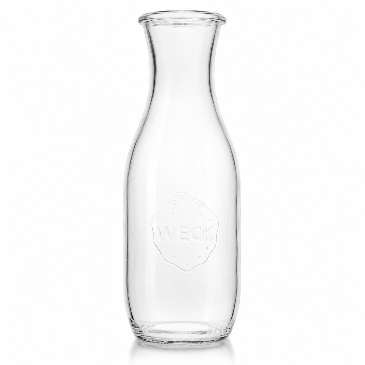 WECK-Saftflasche 1,0 l RR60 aus Klarglas in freigestellter Produktansicht, mit schmalem Hals, bauchigem Körper und sichtbarer WECK-Prägung.