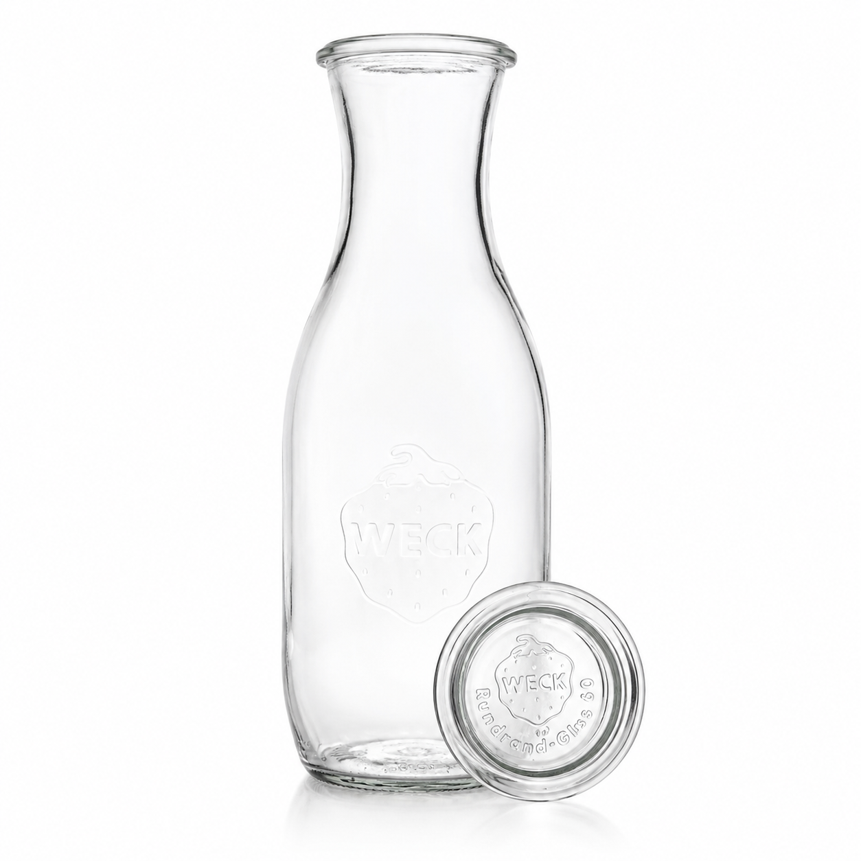 WECK-Saftflasche 1,0 l RR60 mit passendem Glasdeckel, klarer Glasstruktur und sichtbarer WECK-Prägung in freigestellter Produktansicht.