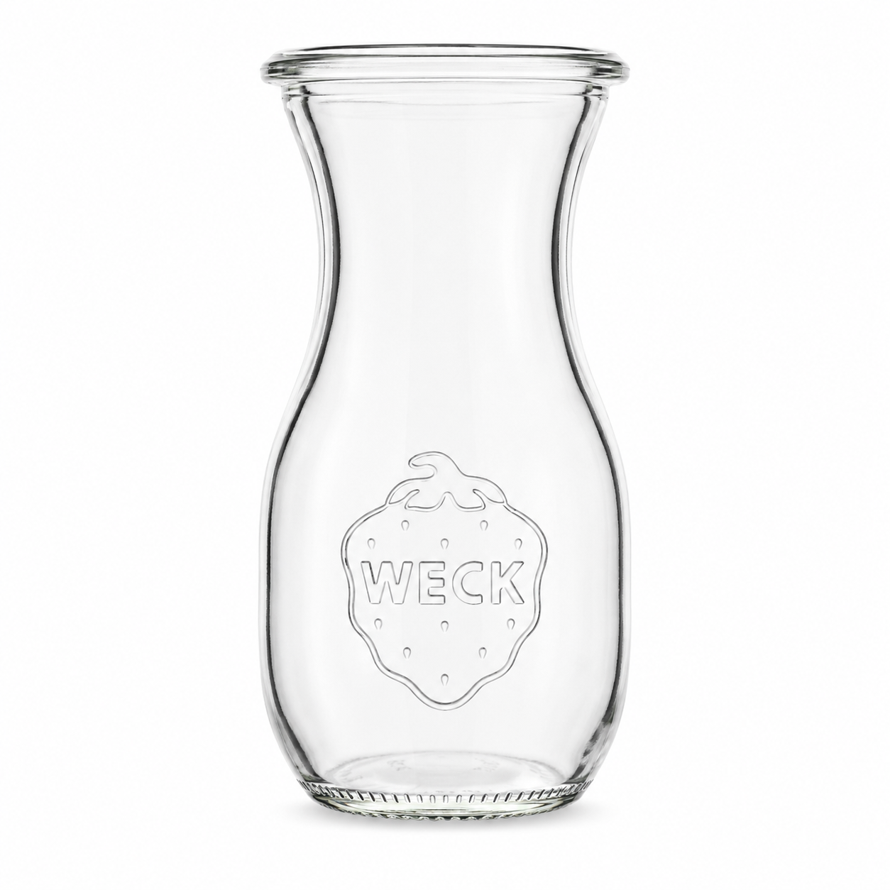 WECK-Saftflasche 1/4 l RR60 aus klarem Glas mit schmaler Taille, runder Öffnung und deutlich geprägtem WECK-Logo.