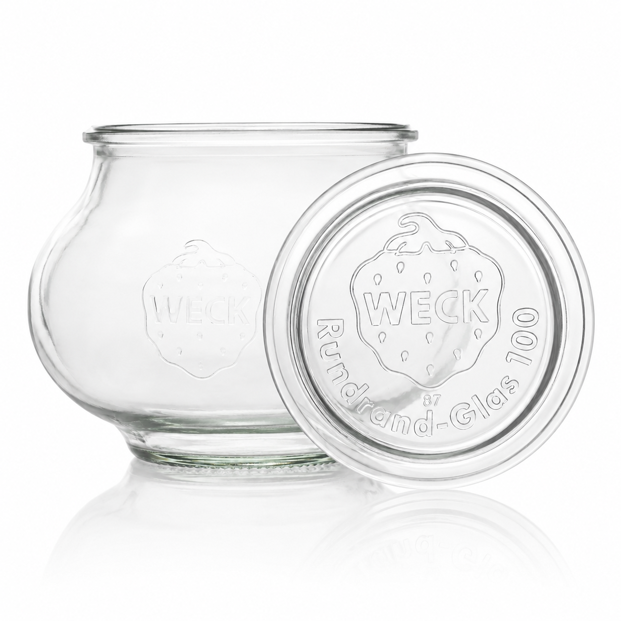 WECK-Schmuckglas 1,0 l RR100 aus Klarglas mit passendem Glasdeckel, sichtbarer WECK-Prägung und klarer freigestellter Produktdarstellung.