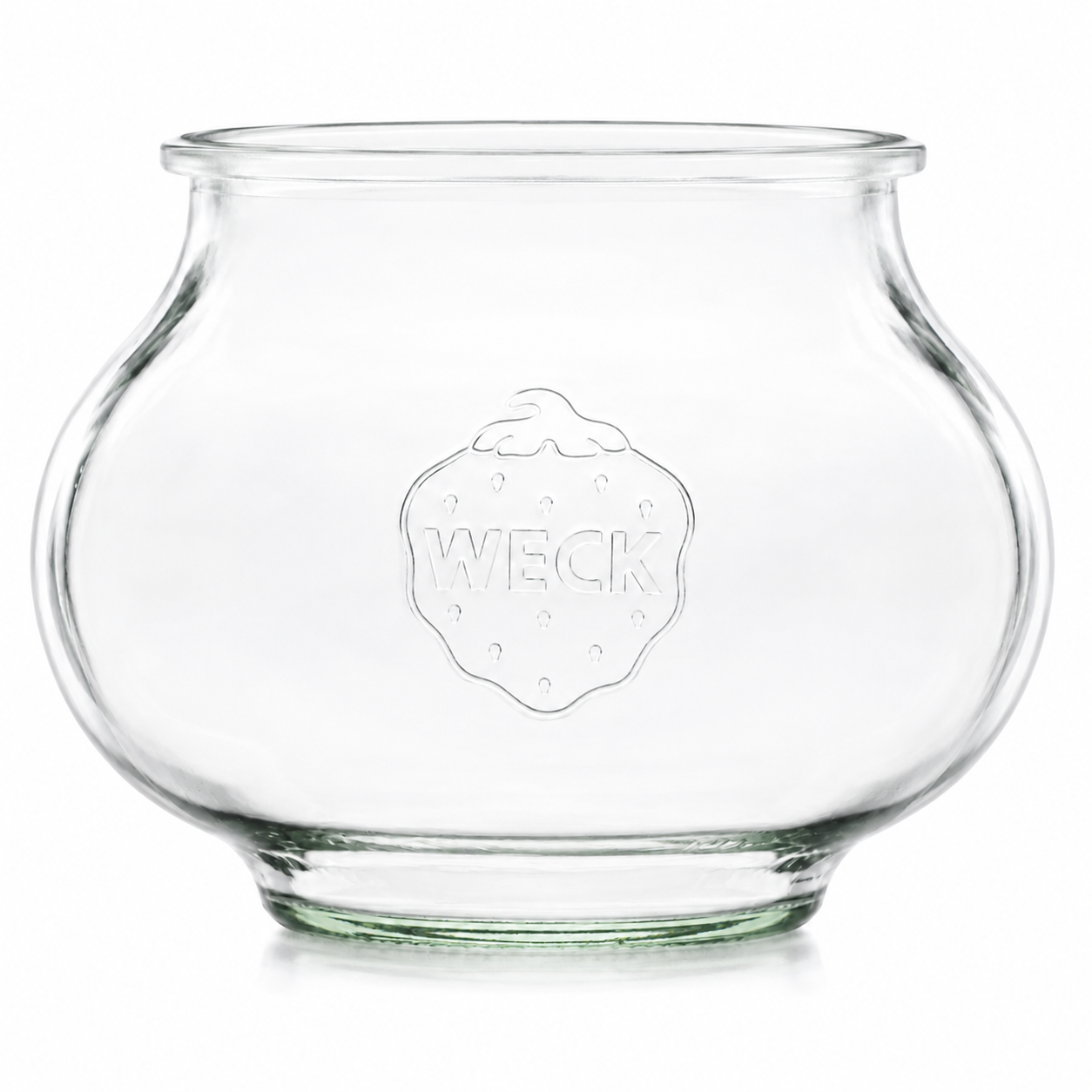 WECK-Schmuckglas 1,0 l RR100 aus Klarglas mit bauchiger Schmuckglasform, Rundrandmündung und geprägtem WECK-Logo auf weißem Hintergrund.