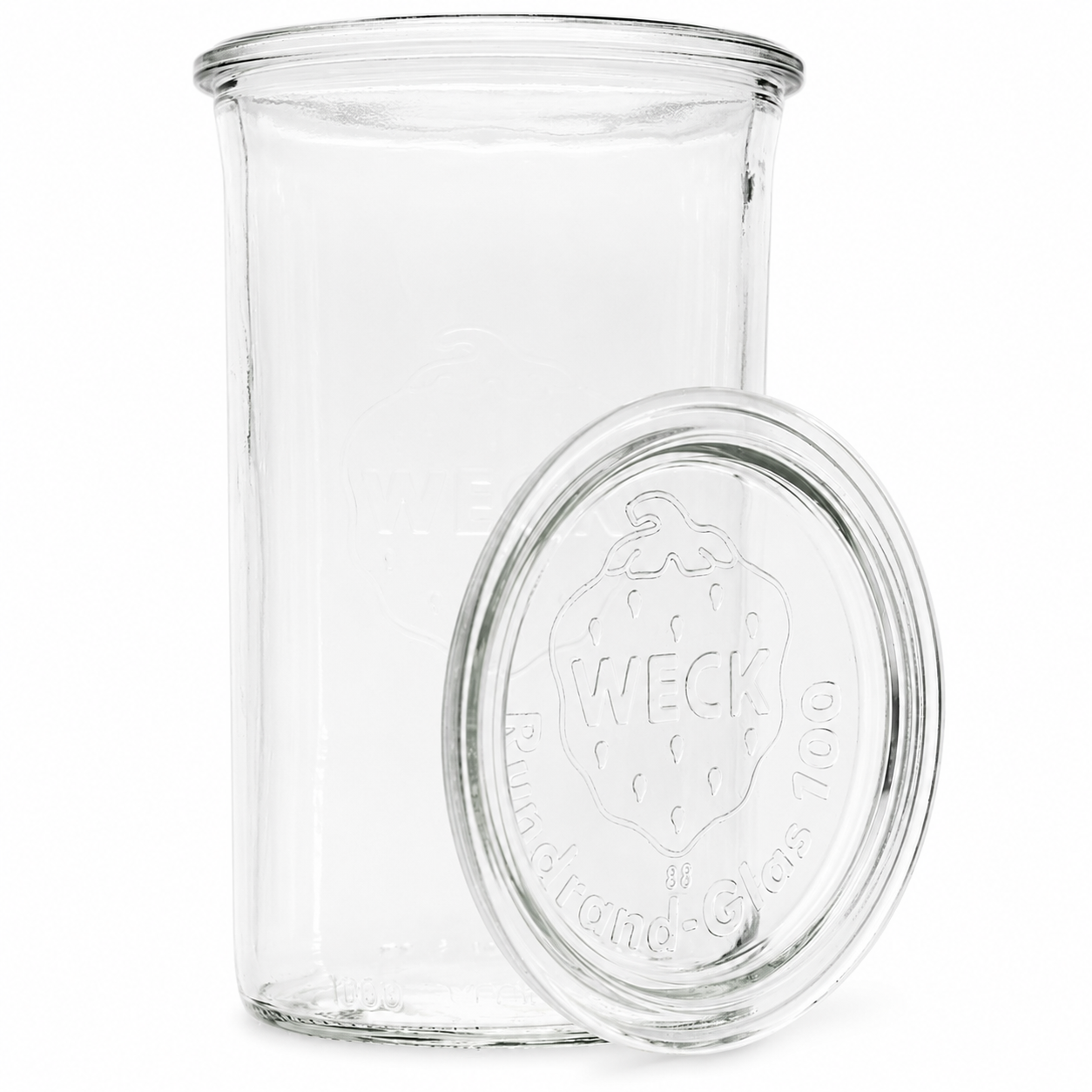 Klares WECK-Sturzglas 1000 ml RR100 mit passendem geprägtem Glasdeckel, Rundrandöffnung und stabiler Glasstruktur als freigestelltes Produktbild.