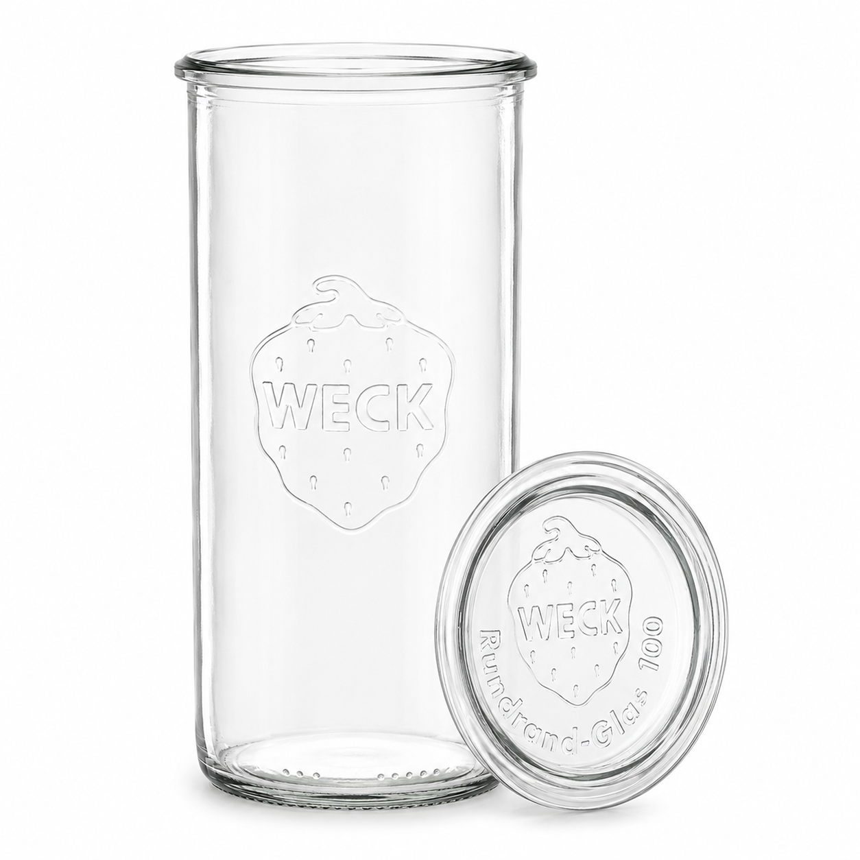 Klares WECK-Sturzglas 1500 ml RR100 mit passendem geprägtem Glasdeckel, gerader Glasform und breiter Rundrandöffnung als freigestelltes Produktbild.