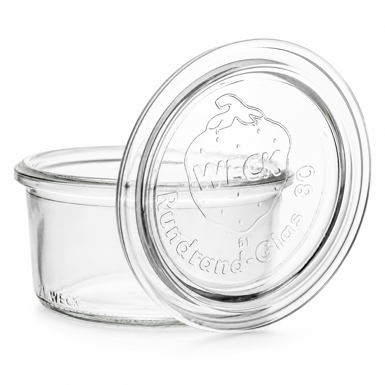 Klares WECK-Sturzglas 165 ml RR80 mit passendem Glasdeckel, geprägtem WECK-Logo und klassischer Rundrandöffnung als freigestelltes Produktbild.