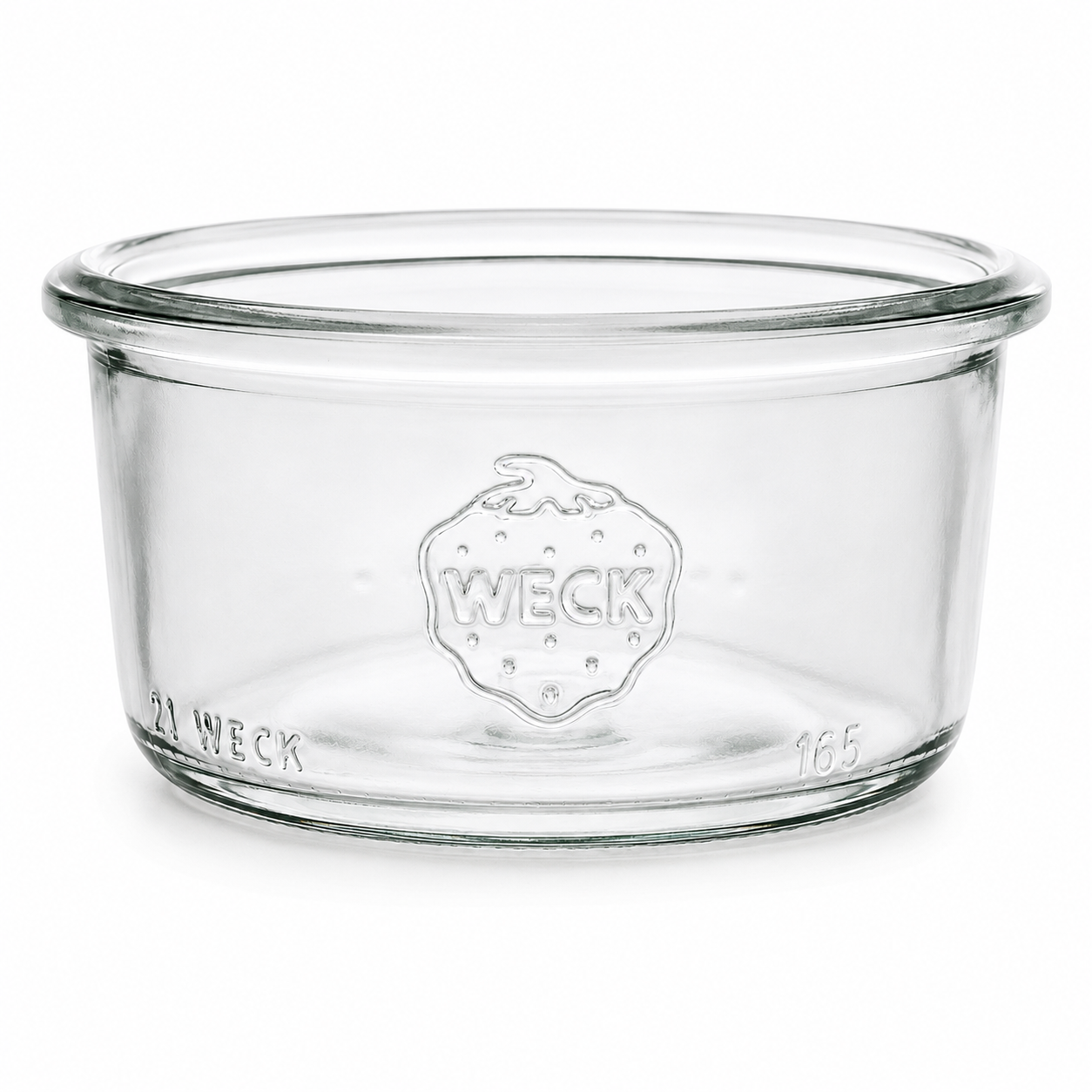 WECK-Sturzglas 165 ml RR80 aus klarem Glas mit breiter Rundrandmündung, sichtbarer WECK-Prägung und kompakter gerader Form auf weißem Hintergrund.