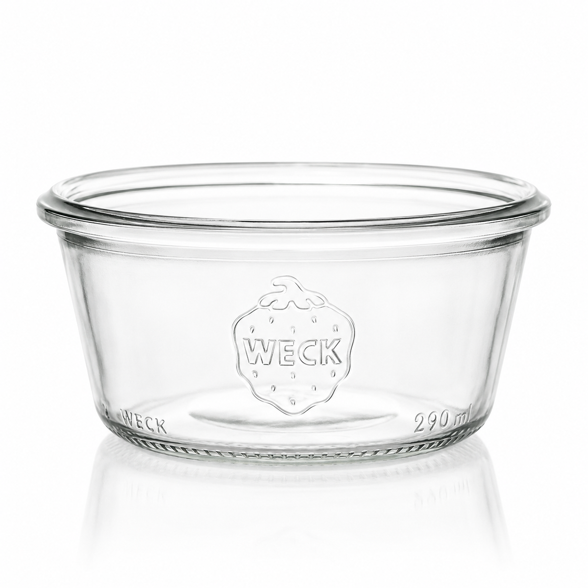 Klares WECK-Sturzglas 290 ml in niedriger Sturzform mit gut sichtbarer WECK-Prägung, freigestellt vor weißem Hintergrund.