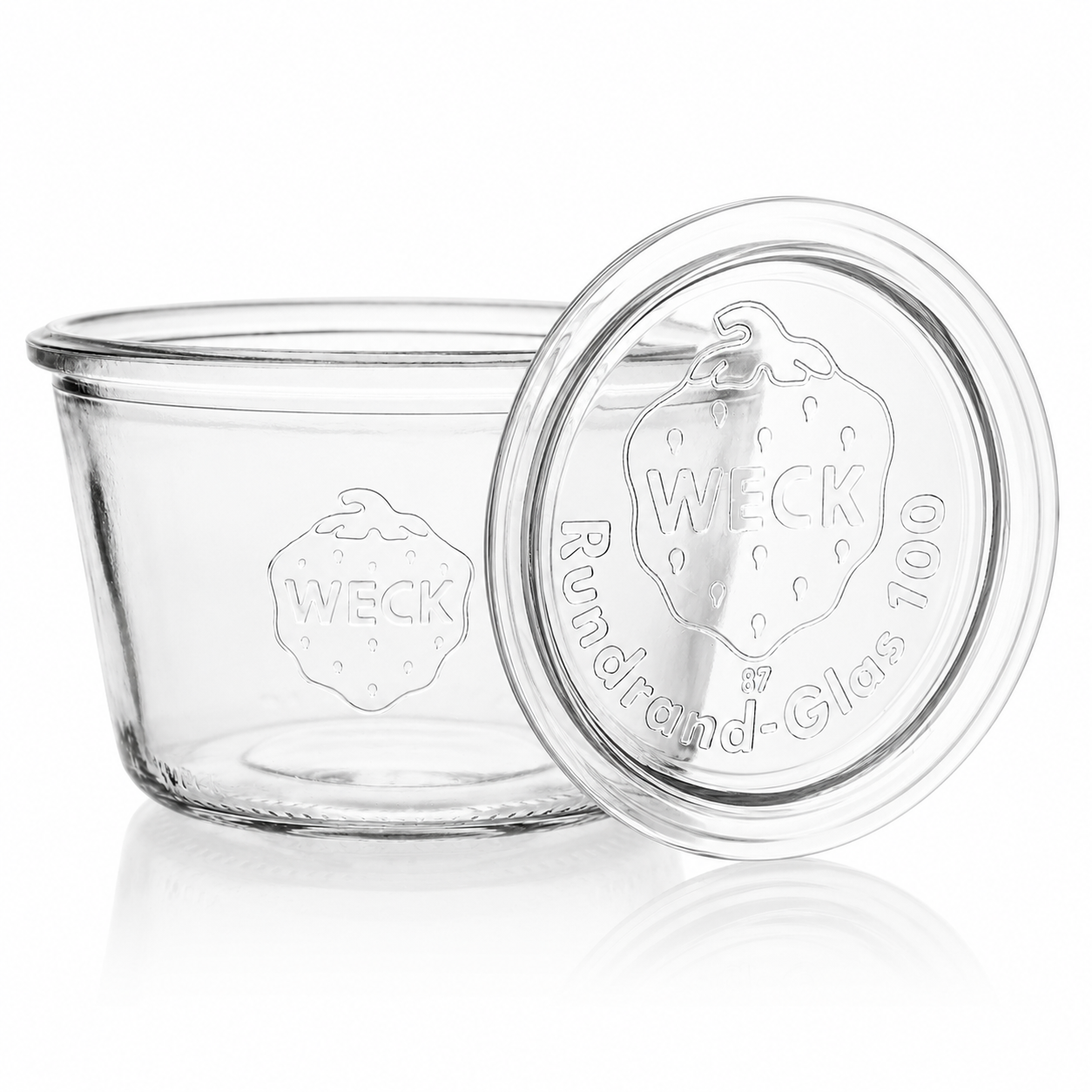 WECK-Sturzglas 370 ml RR100 aus Klarglas mit passendem Glasdeckel, Rundrandmündung und deutlich sichtbarer WECK-Prägung auf weißem Hintergrund.