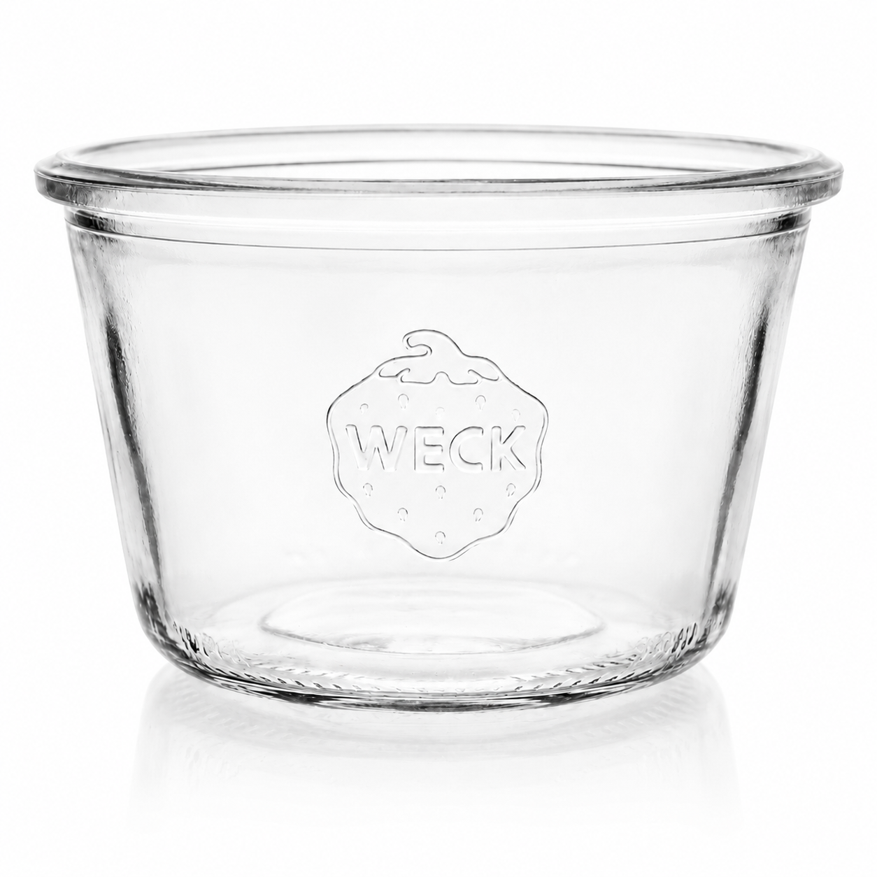 WECK-Sturzglas 370 ml RR100 aus Klarglas in freigestellter Produktansicht, mit gerader Sturzglasform, Rundrandmündung und geprägtem WECK-Logo.