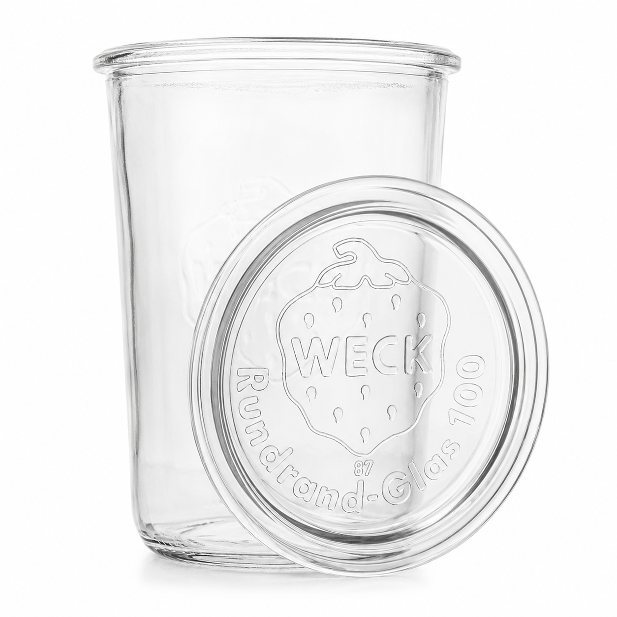 WECK-Sturzglas 3/4 l – 850 ml RR100 aus Klarglas mit passendem Glasdeckel, Rundrandmündung und deutlich sichtbarer WECK-Prägung auf weißem Hintergrund.