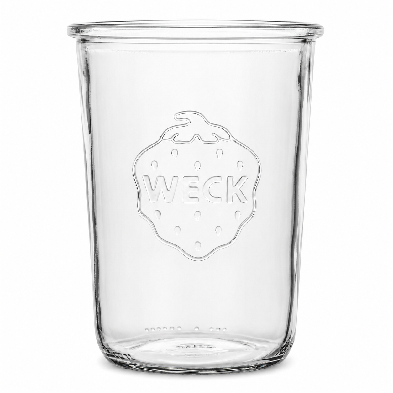 WECK-Sturzglas 3/4 l – 850 ml RR100 aus Klarglas in freigestellter Produktansicht, mit gerader Sturzglasform, Rundrandmündung und geprägtem WECK-Logo.