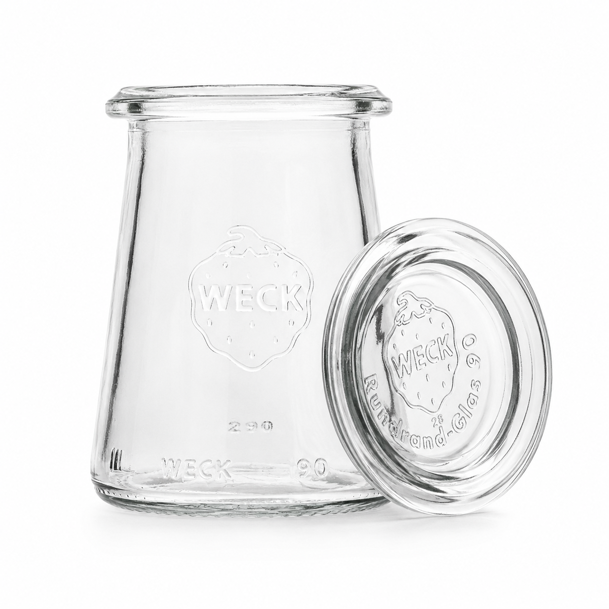 Klares WECK-Sturzglas mit passendem Glasdeckel, Rundrandmündung und stabilem Glasboden als freigestelltes Produktbild auf weißem Hintergrund.