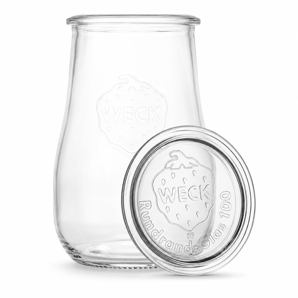 Klares WECK-Tulpenglas 1,5 l RR100 mit passendem Glasdeckel, sichtbaren Prägungen und großzügiger Tulpenform als freigestelltes Produktbild.