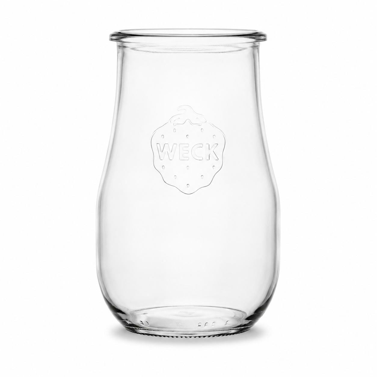 WECK-Tulpenglas 1,5 l RR100 aus klarem Glas mit großer bauchiger Form, breiter Rundrandmündung und geprägtem WECK-Logo auf weißem Hintergrund.