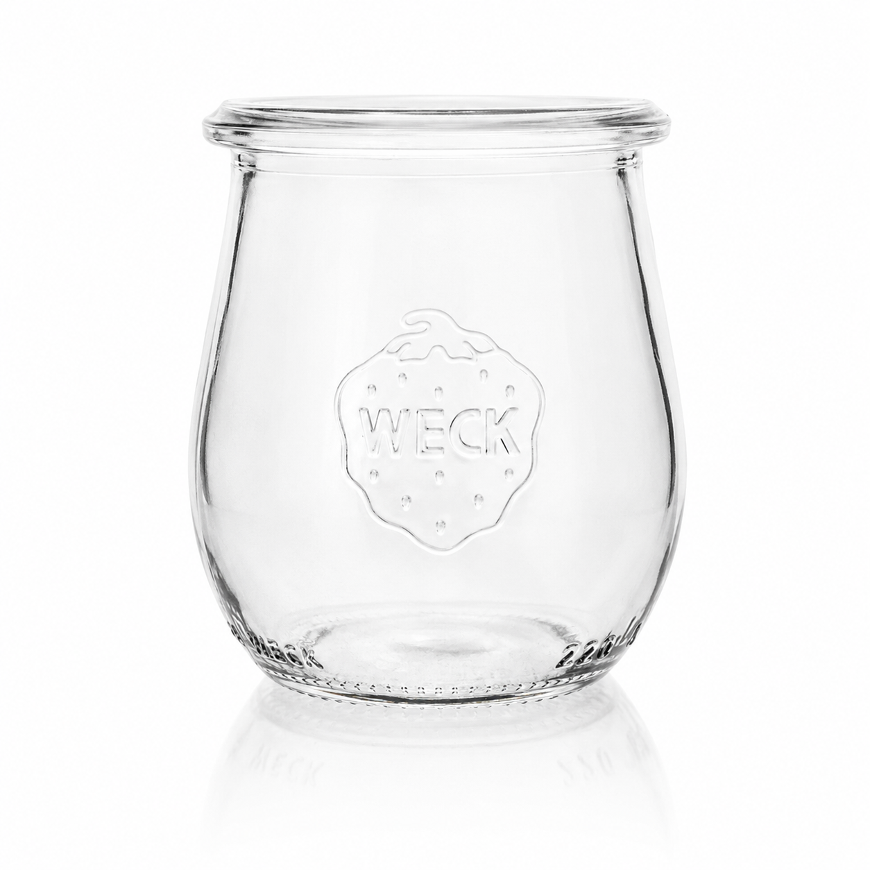 WECK-Tulpenglas 220 ml RR60 aus klarem Glas mit bauchiger Tulpenform, breiter Rundrandöffnung und geprägtem WECK-Logo.