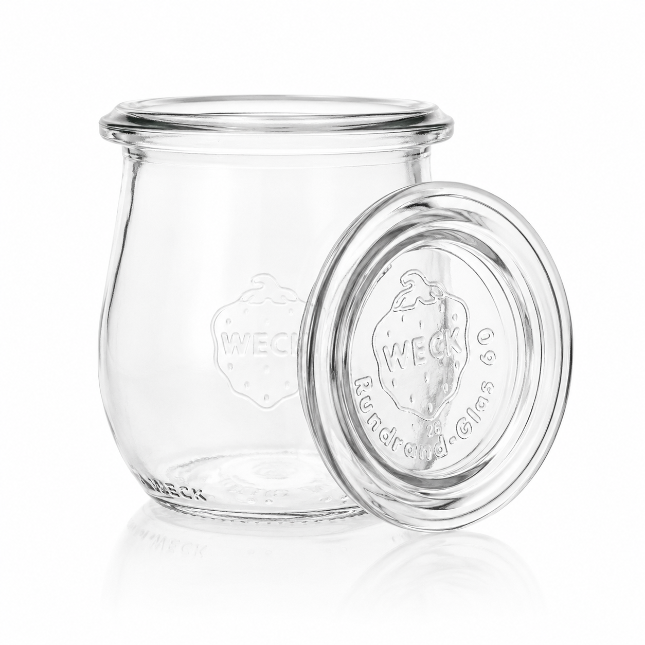 WECK-Tulpenglas 220 ml RR60 aus klarem Glas mit bauchiger Form, angelehntem Glasdeckel und sichtbarer WECK-Prägung.