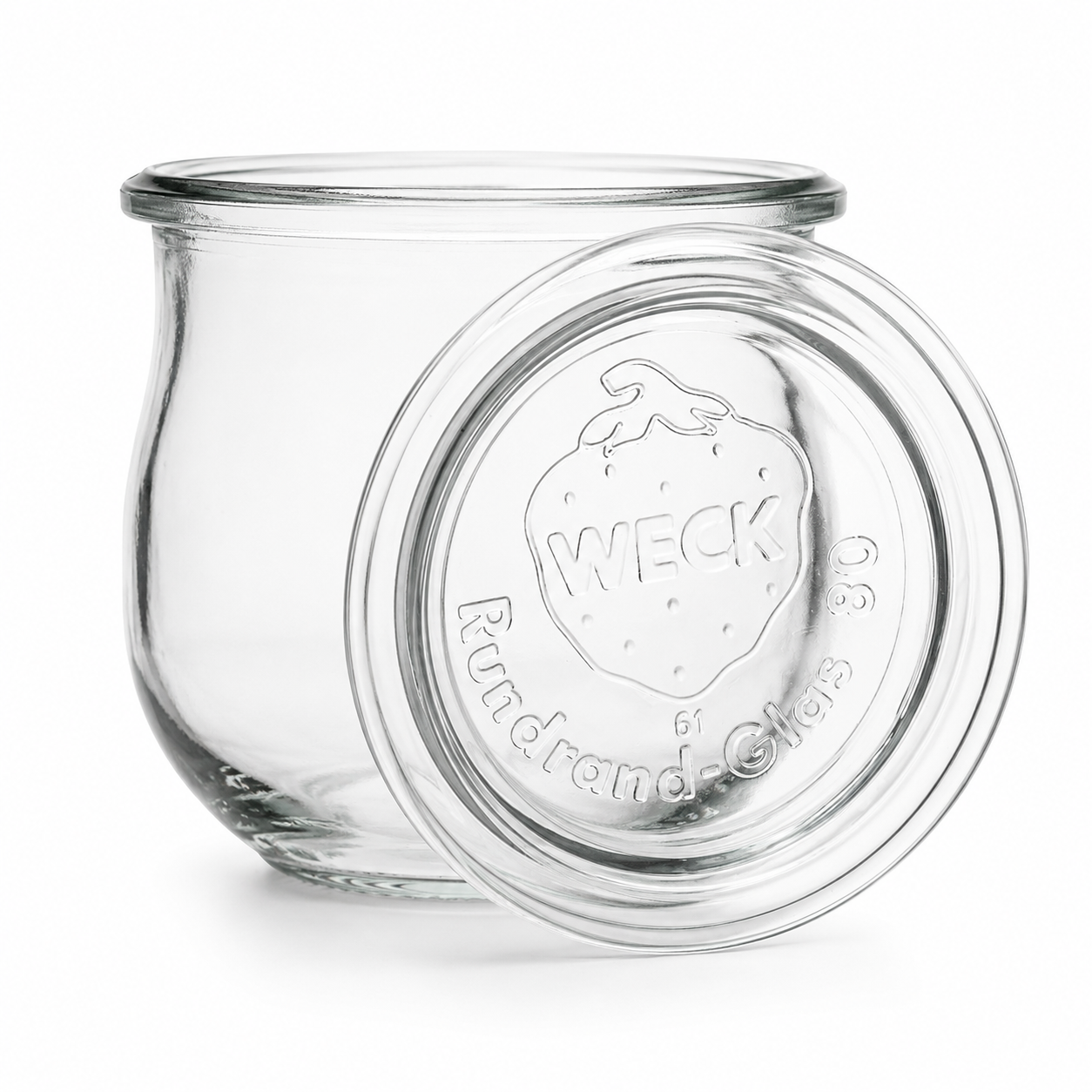 Klares WECK-Tulpenglas 370 ml RR80 mit passendem geprägtem Glasdeckel, gewölbter Glasform und Rundrandöffnung als freigestelltes Produktbild.