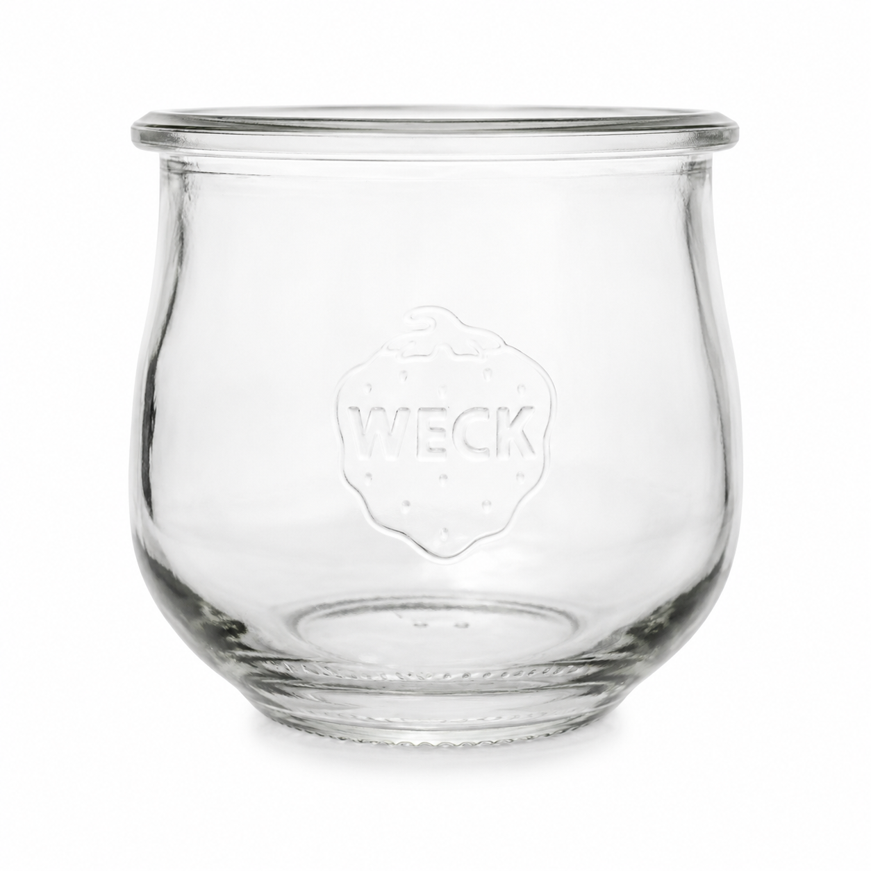 WECK-Tulpenglas 370 ml RR80 aus klarem Glas mit bauchiger Tulpenform, breiter Rundrandmündung und sichtbarer WECK-Prägung auf weißem Hintergrund.