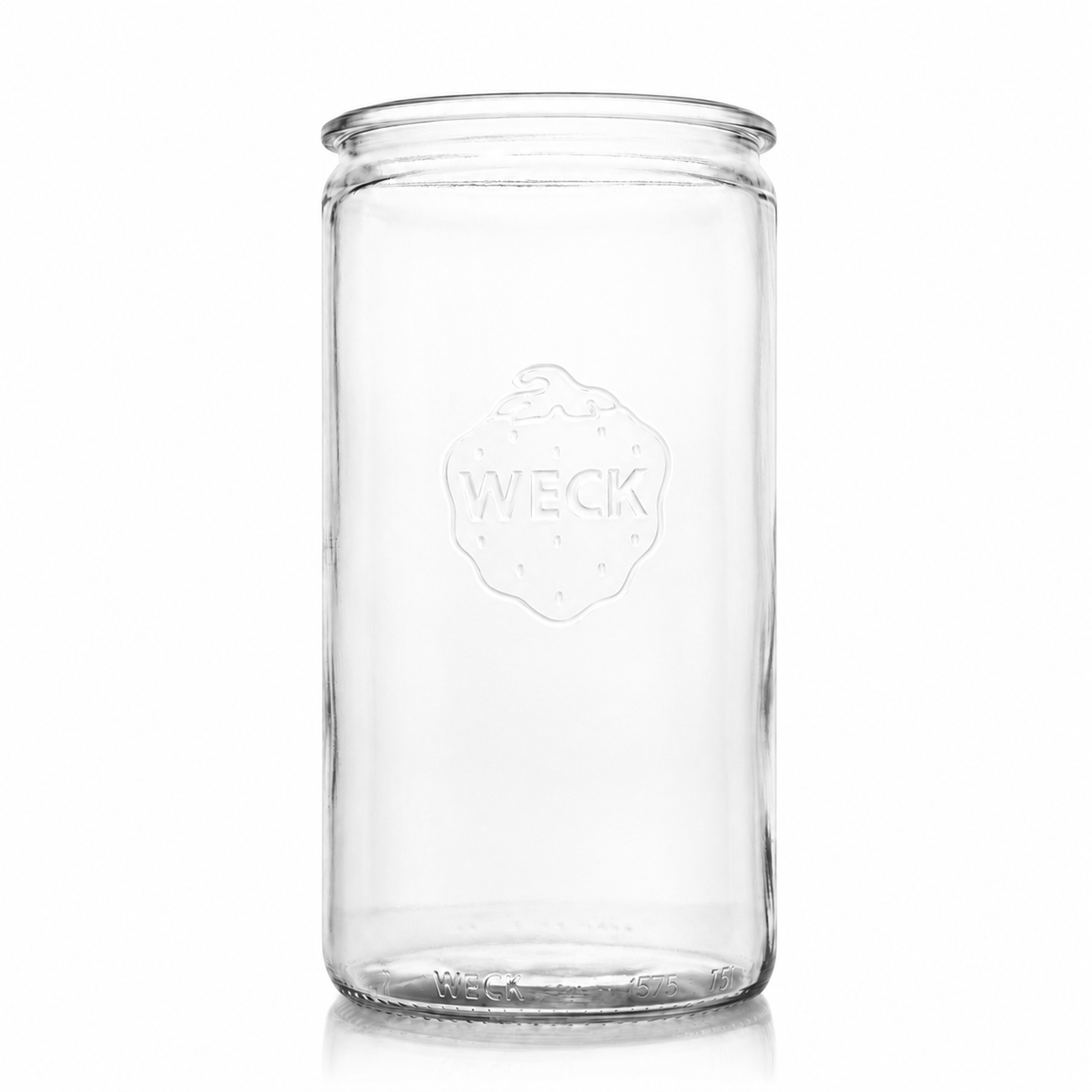 WECK-Zylinderglas 1590 ml RR100 aus Klarglas in hoher zylindrischer Form, mit Rundrandmündung, verstärktem Glasboden und geprägtem WECK-Logo.