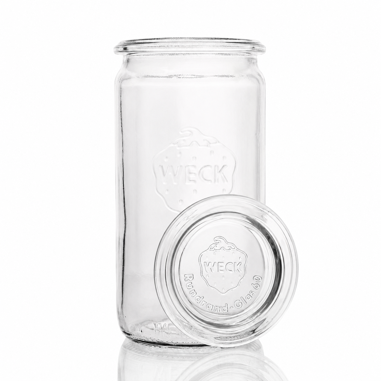 WECK-Zylinderglas 340 ml RR60 aus Klarglas mit passendem Glasdeckel, Rundrandmündung und sichtbarer WECK-Prägung auf weißem Hintergrund.