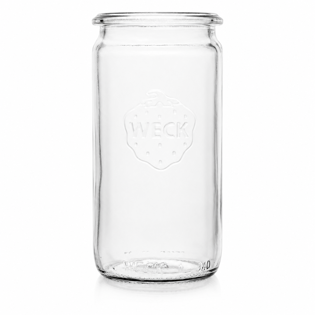WECK-Zylinderglas 340 ml RR60 aus Klarglas in frontaler Ansicht, mit gerader zylindrischer Form, Rundrandmündung und geprägtem WECK-Logo.