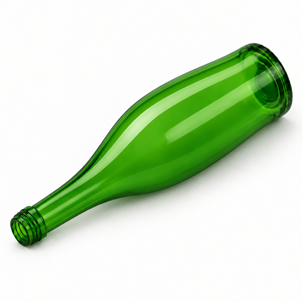 Grüne Weinschlegelflasche 1,0 l mit MCA-Schraubmündung, liegend in isometrischer Ansicht auf weißem Hintergrund.