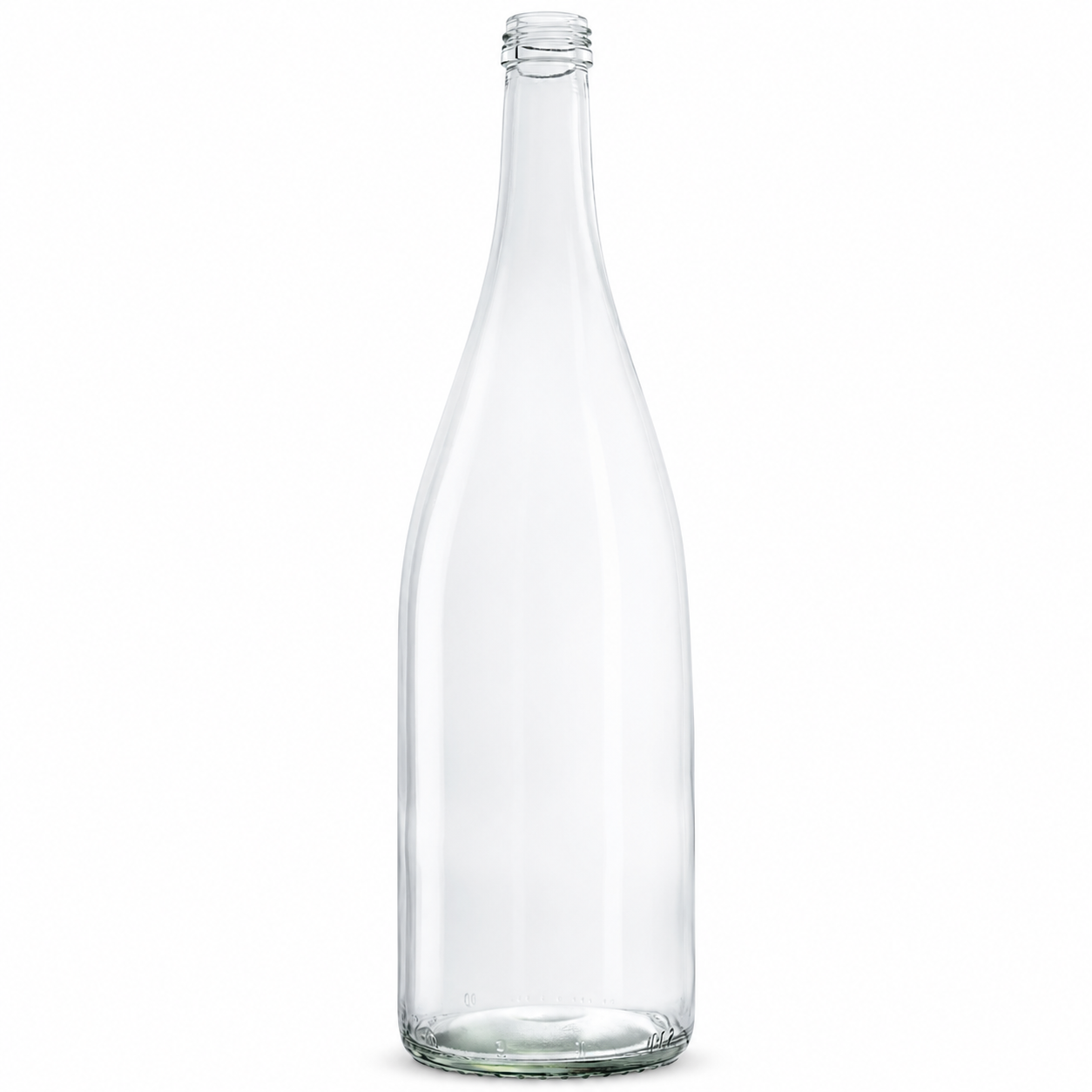 Weinschlegelflasche 1 Liter aus klarem Glas in schwerer Ausführung mit zylindrischem Körper, langem Hals, weich auslaufenden Schultern und MCA-Schraubmündung, frontal stehend dargestellt.