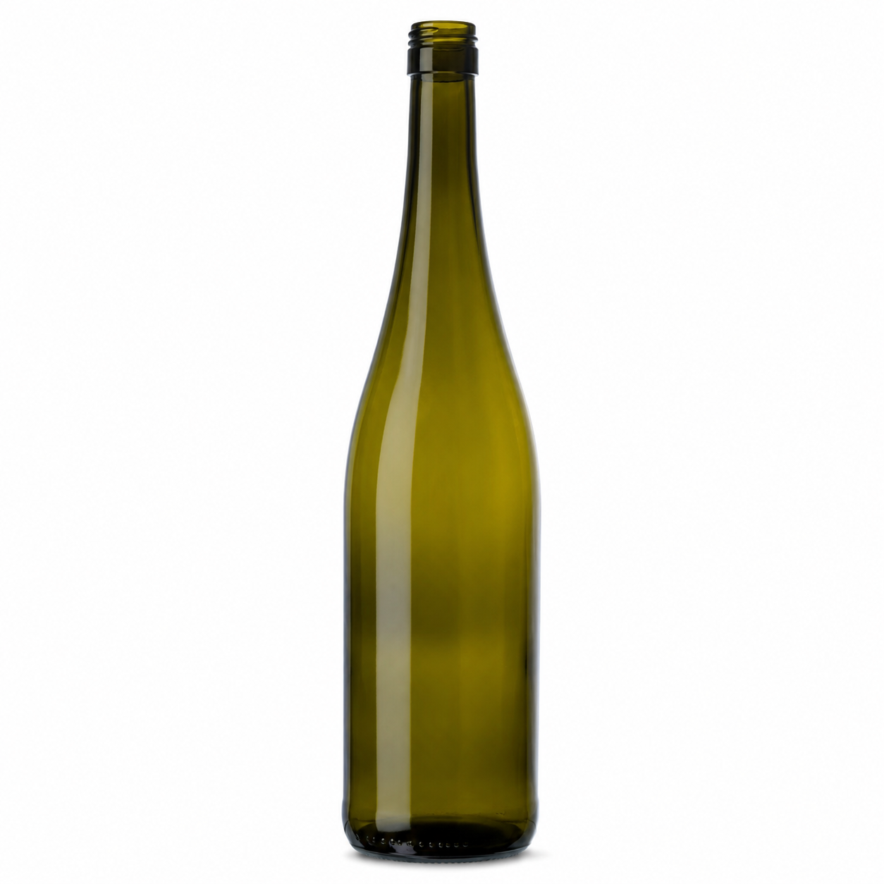 Weinschlegelflasche 750 ml aus antikgrünem Glas mit schlankem, zylindrischem Körper, langem Hals, weich auslaufenden Schultern und BVS-31-Schraubmündung, frontal stehend dargestellt.