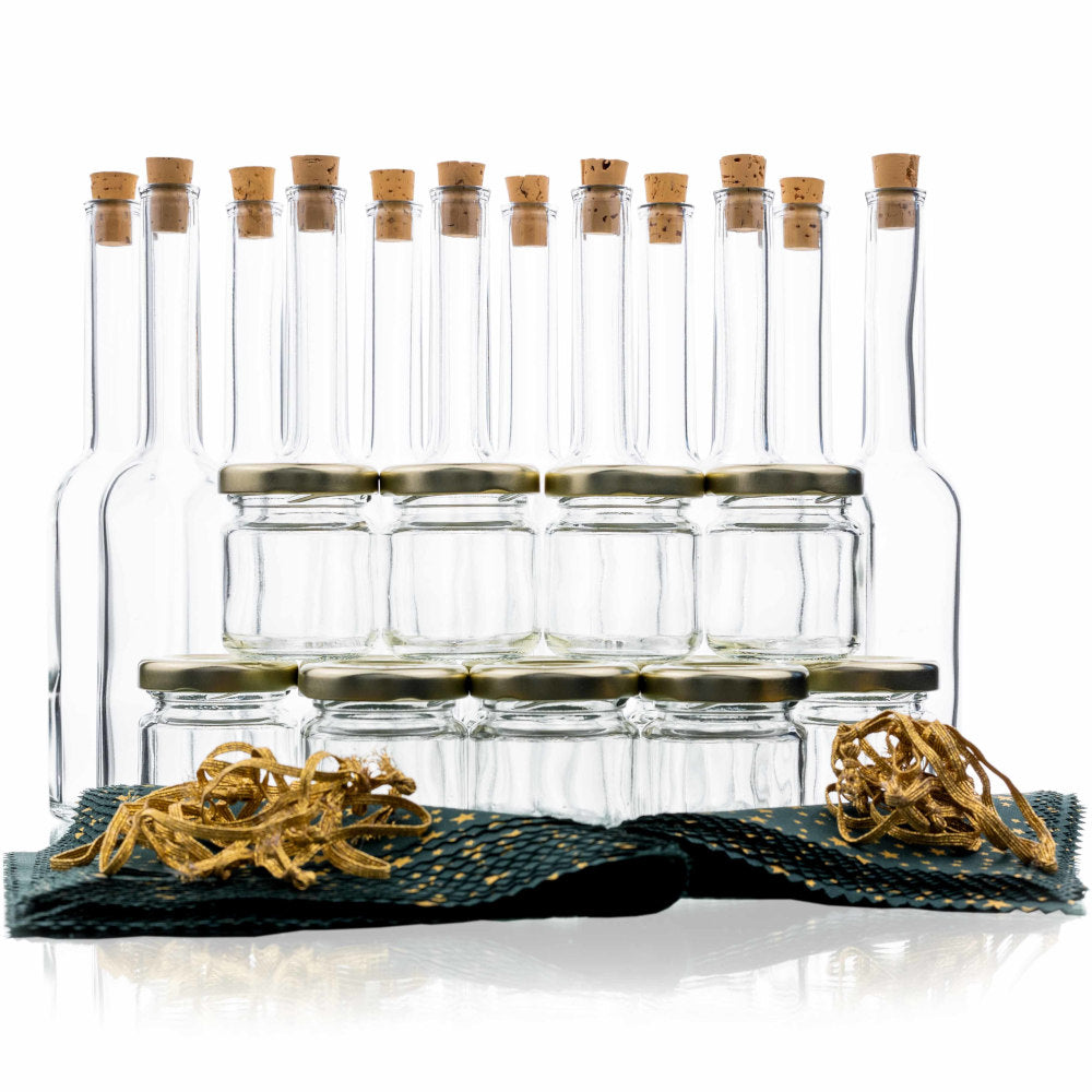 Adventskalender Set 12 x Konservenglas 53 ml 12 x Opera-Flasche 100 ml mit Deko-Zubehör