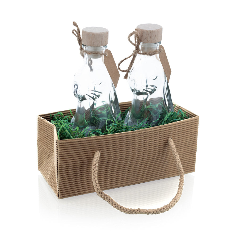 Osterset - Hasenflaschen-Duo (200ml) mit Holzgriffkorken, Etiketten, grünem Gras und Geschenktasche