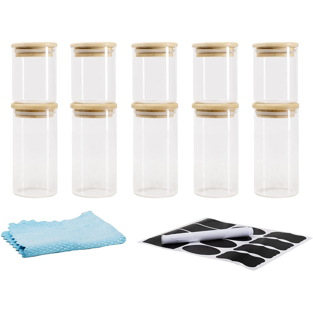10er Set Borosilikatgläser 250ml und 350ml mit Bambusdeckel inkl. Etikettenset