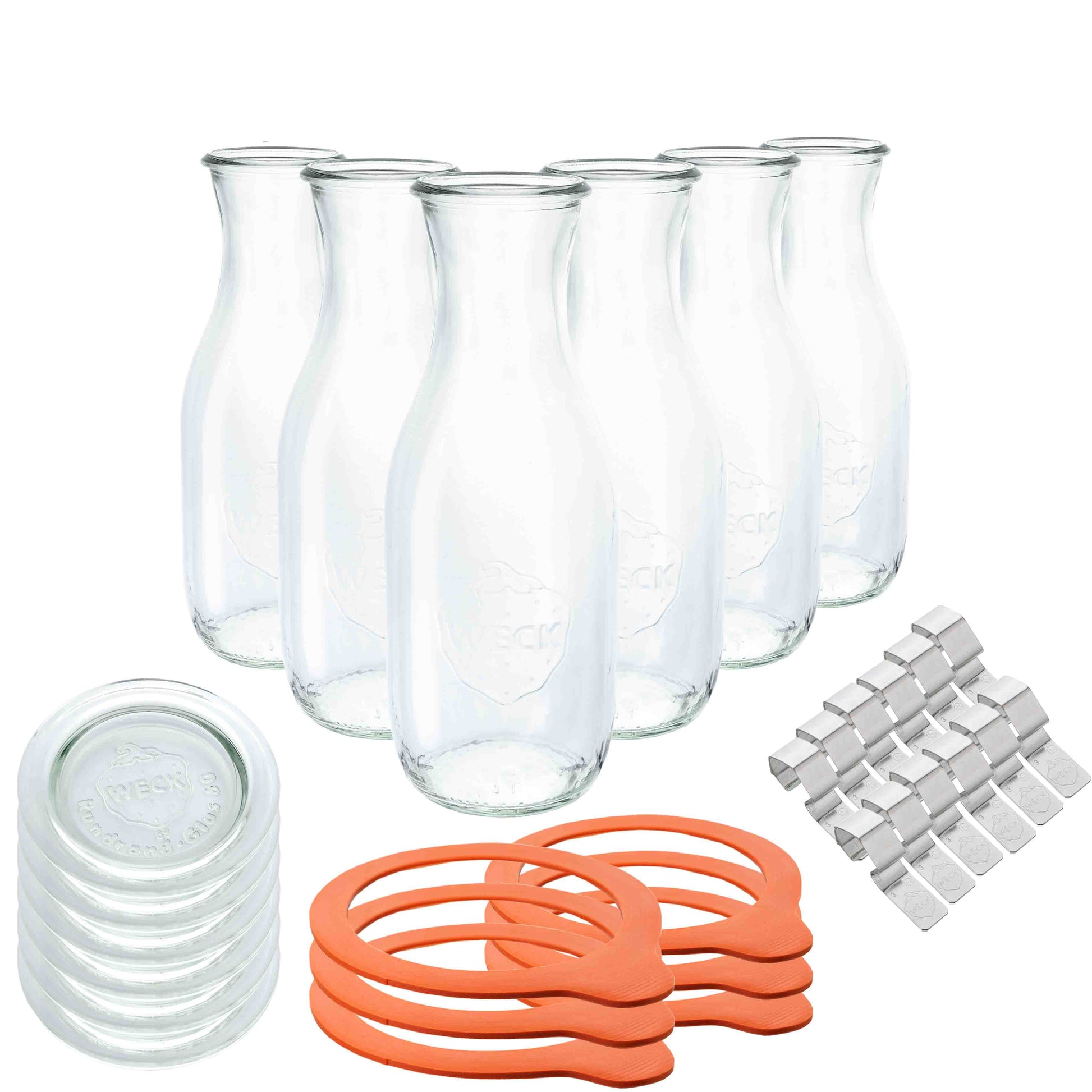 6er-Set WECK-Saftflasche 1l RR60 mit Deckel, Dichtring und Klammer