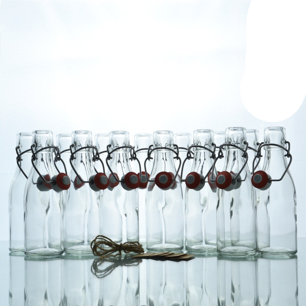 14 er Set - Taschenflasche rund 200 ml inkl. Bügelverschlüssen und Etiketten