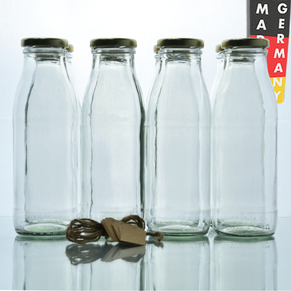 8er Set Milchflasche 500 ml inkl. TO-Verschlüsse in Gold und Etiketten