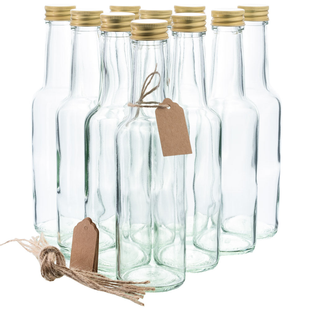 10er Set Gradhalsflasche 250 ml inkl. Handverschraubung in Gold und Etiketten