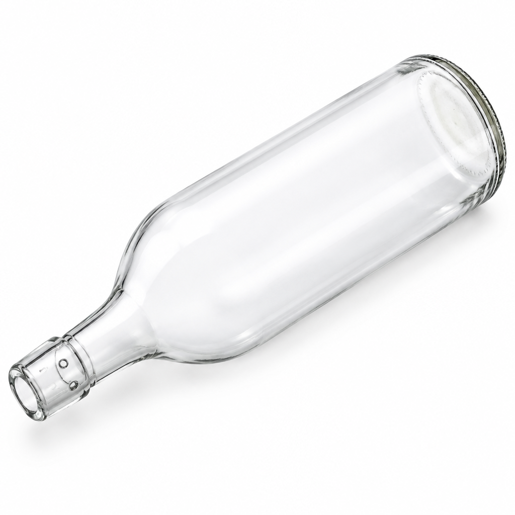 Kurzhalsflasche 1,0 l SKURZ004 aus Klarglas, liegend in isometrischer Ansicht
