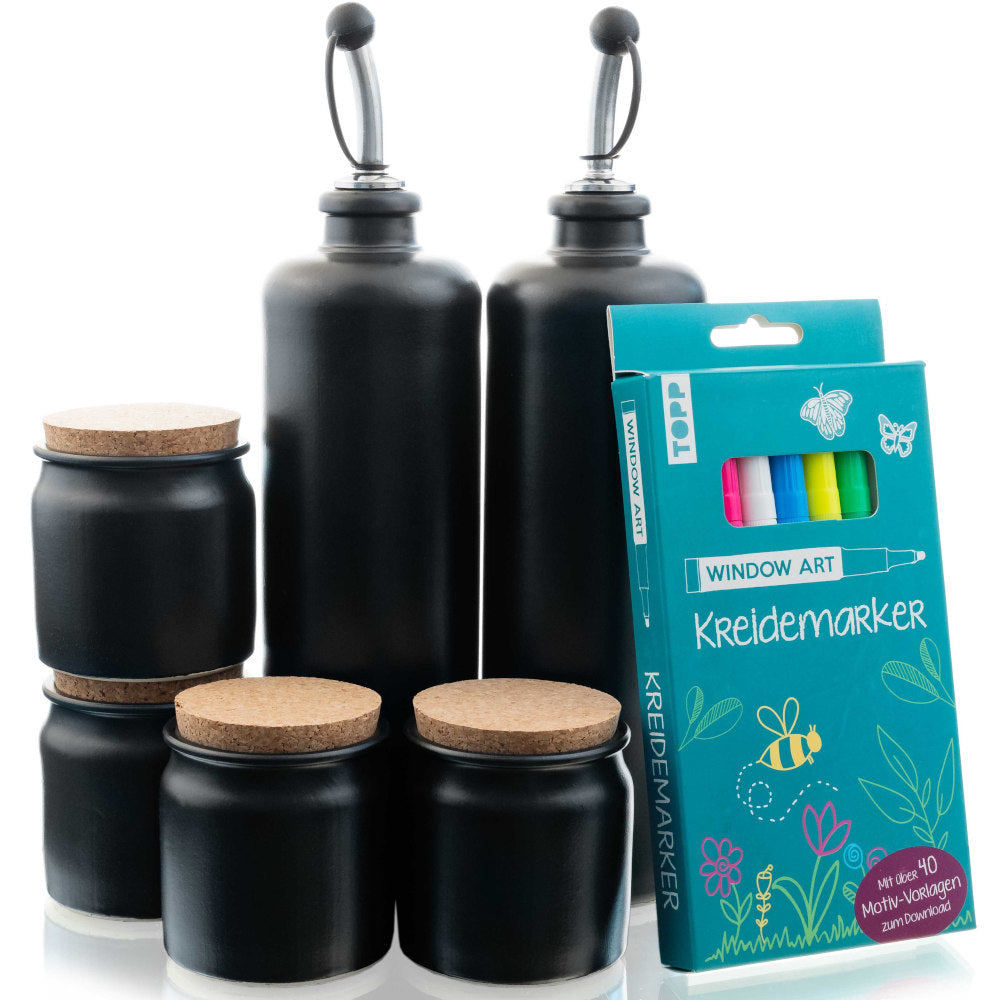 Ton-Set - 4x Tontöpfchen 160 ml + 2x Tonkrug 0,5 l mit Ausgießer und Kreidemarker