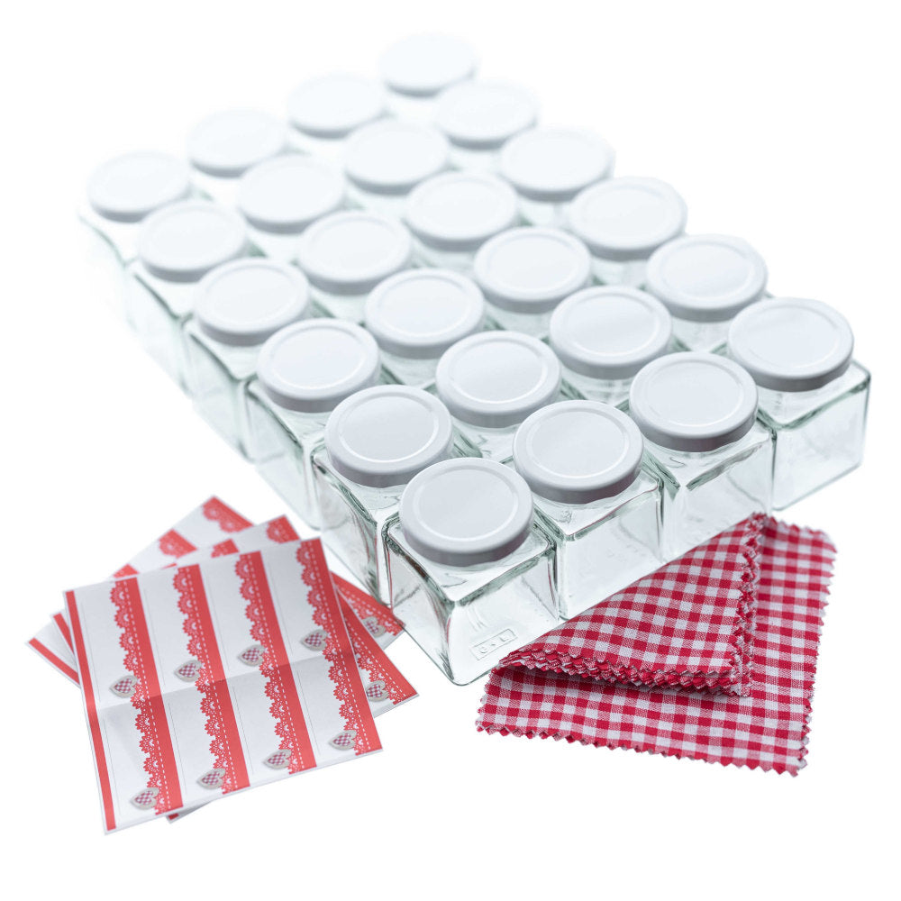 Vierkantglas 106 ml TO 48 im 24er-Set mit Verschlüssen und Dekozubehör