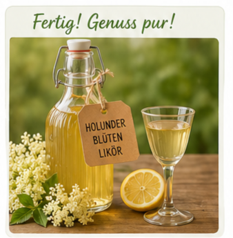 Frischer Holunderblütenlikör in einer Bügelflasche, selbstgemacht mit praktischer Anleitung